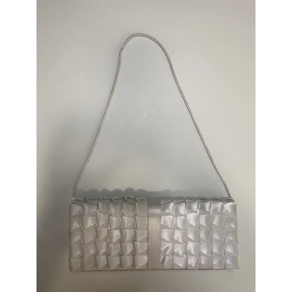 Jessica McClintock Elegant Silver Satin Evening Clutch‎ Event Wedding Guest Gala